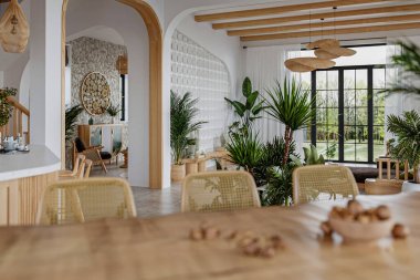 Tropikal Boho Chic Bu iç görselleştirmede, İskandinav tarzı bir tropikal bükülme verilir