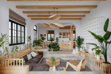 İspanya 'da yeniden canlanan bir evde ahşap çerçeveli pencereler bulunan beyaz duvarlar