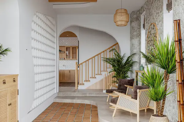 Advanced Modern Cozy Arch Door and Stairs with house plants