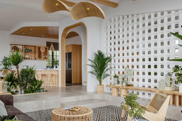 Minimalist modern iç tasarım açık planlı büyük parlak dubleks, mutfak alanını içerir