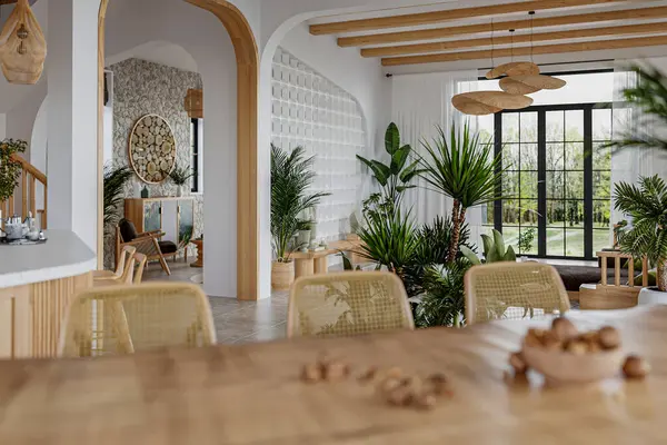 Tropikal Boho Chic Bu iç görselleştirmede, İskandinav tarzı bir tropikal bükülme verilir