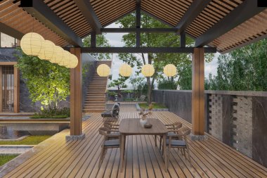 Eko-Dost Kır Evimizin İçi, ahşap tabanı ve tavanı olan yemek alanı.