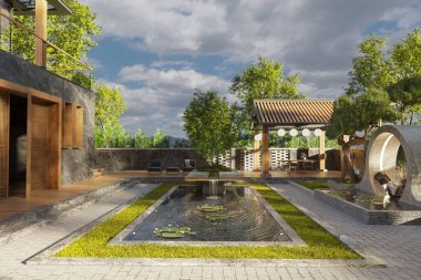 Modern Kır Evi 'nin içinde, villa ve havuzun üstündeki tavan penceresi.