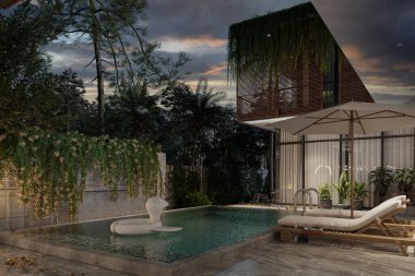 Havuzu ve gece görüşü olan lüks konut geliştirme.