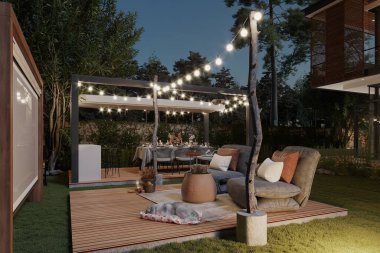 Açık planlı modern karanlık villa. Rahatlamak için küçük terası olan özel koltuklar.