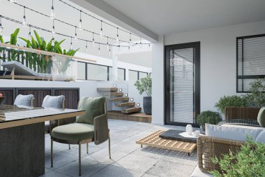 Gri kanepesi ve kapalı mekanlı bitkileri olan modern çatı kaplaması. Güneş ışığı çatıda parlıyor..