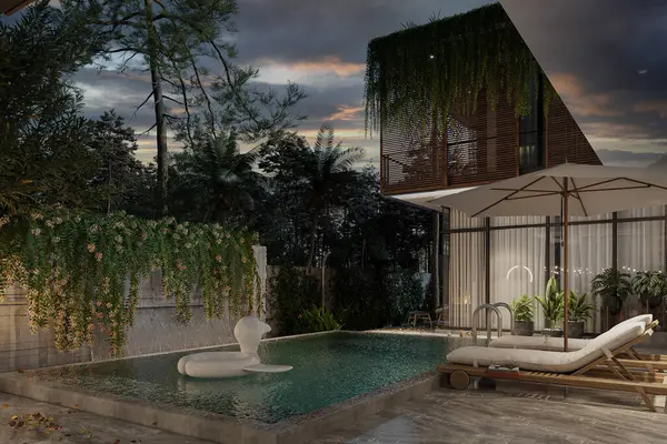 Luxury residential development with pool, and night view.