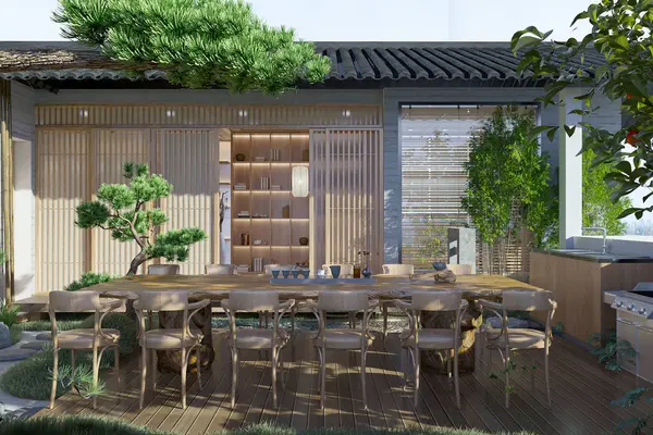 Backyard patio with minimalistic outdoor restaurant, providing a serene dining for outdoor