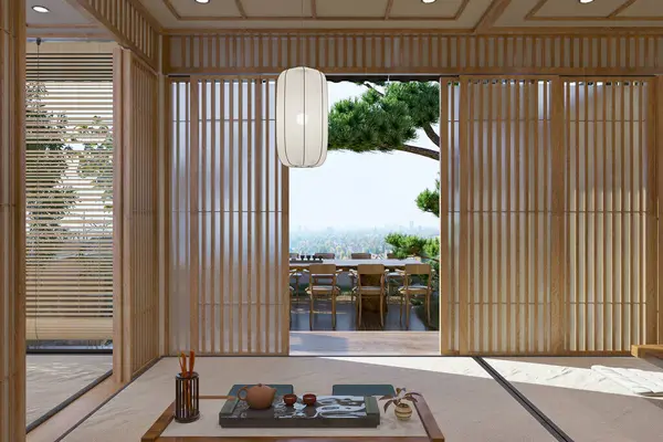 Japanese coffee shop with tatami mats, furnished with simple furniture in natural colors