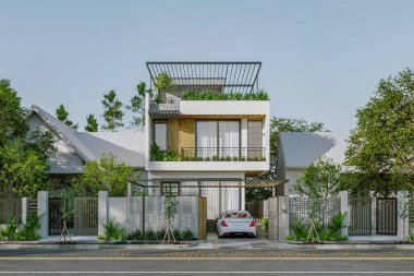 Garajı ve bahçesi olan beyaz, modern bir ev. Gökyüzü ve sokak manzarası.