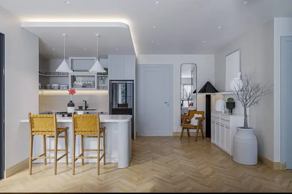 Ein Offener Wohnraum Mit Holzböden Und Eine Große Küche Mit — Stockfoto