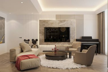 Televizyon, sehpa, kanepe, halı, iki sandalye ve bir piyano ile modern bir oturma odası özelliği..