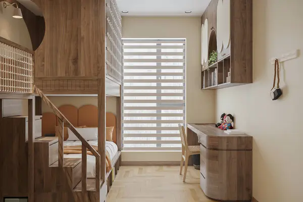 A child\'s bedroom with wood features. There is a bunk bed with stairs leading up to the top bunk