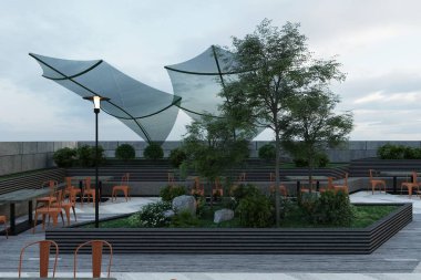 Çatıda birkaç masa ve sandalyeli bir bahçe..