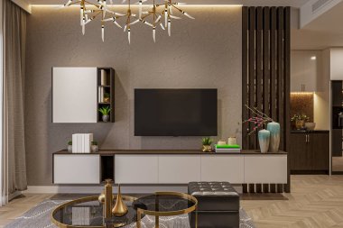 Televizyon, sehpa, halı ve kanepesi olan bir oturma odası..