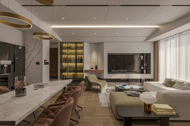 yemek masası, sandalye, kanepe, sehpa, halı, televizyon ve depolama ünitesi olan modern bir yaşam alanı..