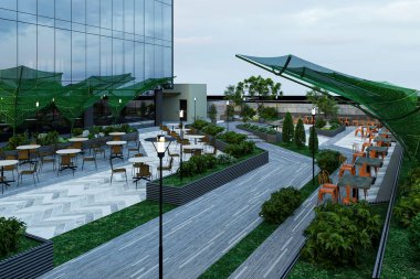 Masaları ve sandalyeleri olan bir teras..