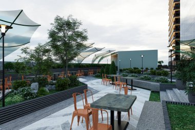 Bir şirket binasının çatısında açık bir oturma alanı..