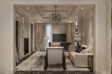 Mermer zemini, kristal avizesi ve büyük bir televizyonu olan zarif bir oturma odası..