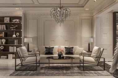 Beyaz duvarları, koyu mermer zemini ve kristal avizesi olan zarif bir oturma odası..