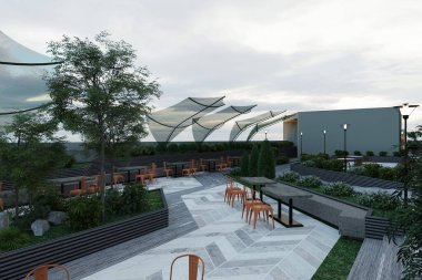 Şirket ofisinde terasta birkaç bistro masası ve sandalye var..