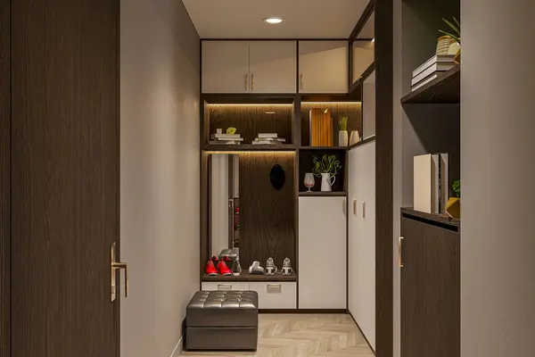 A rendering of a mudroom with dark wood cabinets and cubbies, a gray floor, and a leather bench.