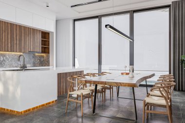 Beyaz tezgahı, taburesi ve panoramik penceresi olan basit ve klasik bir ahşap yemek takımı.