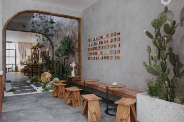 Modern, minimalist bir kafe. Eğri ahşap tavanlı, ahşap mobilyalı ve kaktüs köşeli..