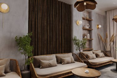 Modern aksanlı kahve dükkanı ahşap ve açık gri kanepe, bambu arka plan ve tuğla duvar..