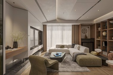 Modern oturma odası, şöminesi ve bir duvarda ahşap bir kitaplığı var.