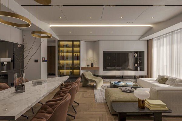 Дизайн интерьера гостиной, современное и простое оформление гостиной нейтрального цвета.