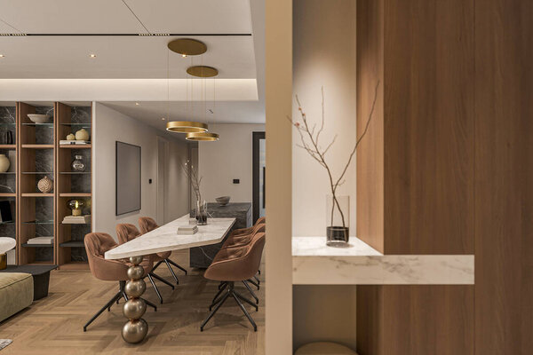 Stylish apartment interior with modern dining . Idea for home design