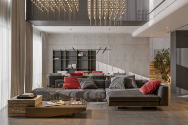 Kırmızı ve gri yastıklı gri kanepenin içinde şık bir oturma odası modern evde gün ışığı.