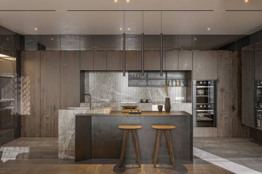 Tezgahı ve tabureleri olan rahat bir mutfak.