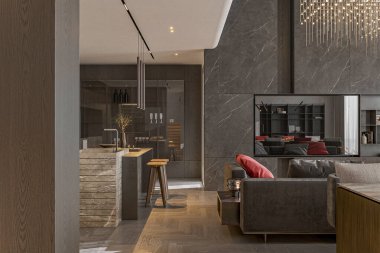 Gri renk şemalı, açık planlı bir dairenin iç tasarımı çok moda.