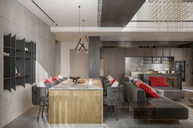 Şık ve müsrif yemek odasının içinde oturma odasındaki kanepenin arkasında aile yemek masası olan gri sandalyeler var..