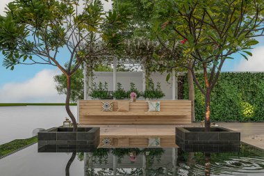 Tik ağacından yapılmış ahşap güverteli ve beyaz pergolu bir havuzun iç tasarımı. Gün ışığını tek tek sahnele