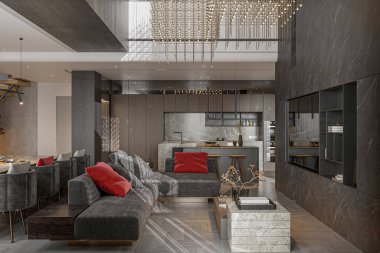 Üzerinde koyu gri modüler kanepe, kırmızı yastıklar ve gri yastıklar olan sanayi tipi bir çatı katı.