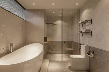 3D güzel, sıcak tonda banyo küveti ve yüksek klozeti olan tuvalet.