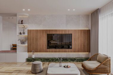 Pencerenin yanına ahşap bir televizyon monte edilmiş modern, minimal oturma odası.