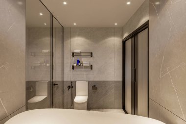 Sıcak ve gri tuvalet, iç görüntü, 3 boyutlu illüstrasyon