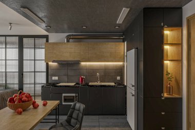 Açık mutfağın yanında sakin ve ferah bir minimalist yemek odası.