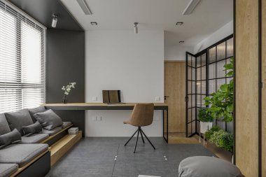 Oturma odası. Laptop masası, sandalyeler, kanepe.