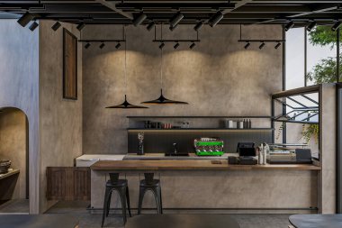 Beton zemin, bej tezgah ve tabureli ahşap bar.