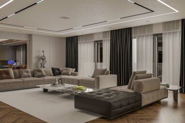 Oturma odasında modüler kanepesi olan modern bir açık alan.