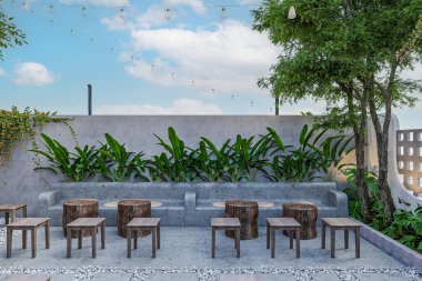 Açık gökyüzü manzaralı en üst kat kafe, çeşitli bitkiler ve tabureli bir kahve masası..