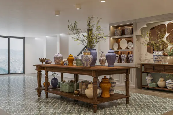 interior shot of ceramics shop with modern classic crockeries.