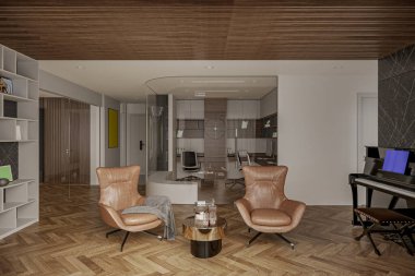 Açık planlı oturma odası olan şık bir kır evinin içi sıcacık.