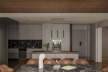 Yemek masası ve mutfak tezgahı olan modern açık yemek alanı..