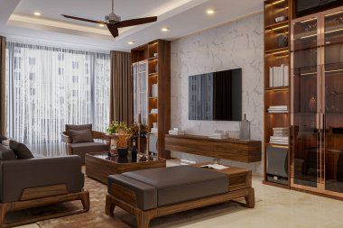 Oturma odasında beyaz mermer televizyon paneli ve duvar rafları olan kahverengi mobilyalar bulunuyor..